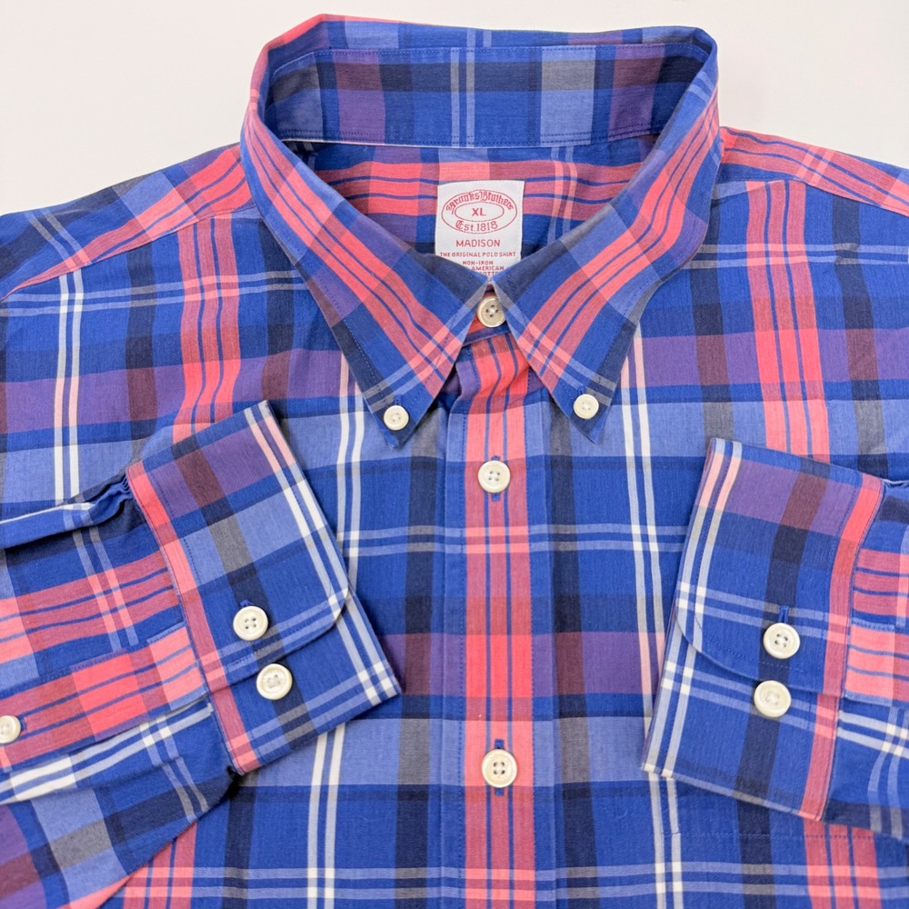 Brooks Brothers Madison Shirt XL Blue Pink Plaid Non-Iron Supima Cotton Mens